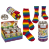 Regenboogsokken in metalen bierblik als cadeau