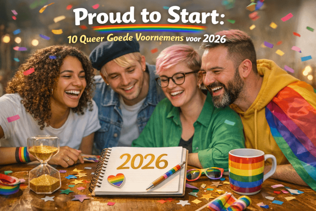Queer goede voornemens 2026: vrolijke queer vrienden die samen plannen maken voor een zachte start