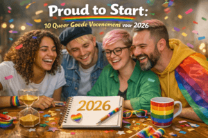 Queer goede voornemens 2026: vrolijke queer vrienden die samen plannen maken voor een zachte start