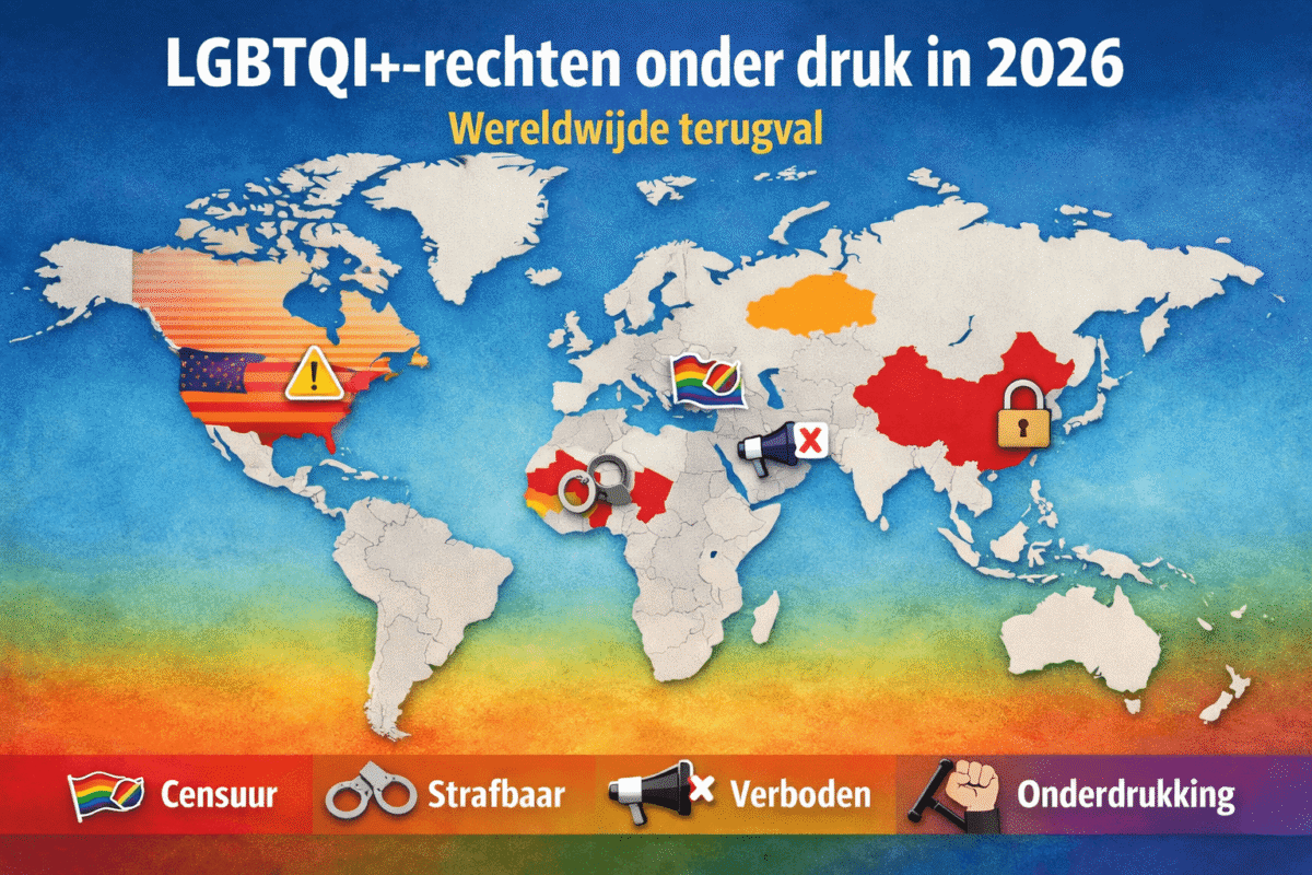 Infografische wereldkaart die laat zien waar LGBTQI+-rechten onder druk staan in 2026, met markeringen voor censuur, verboden en criminalisering in verschillende landen