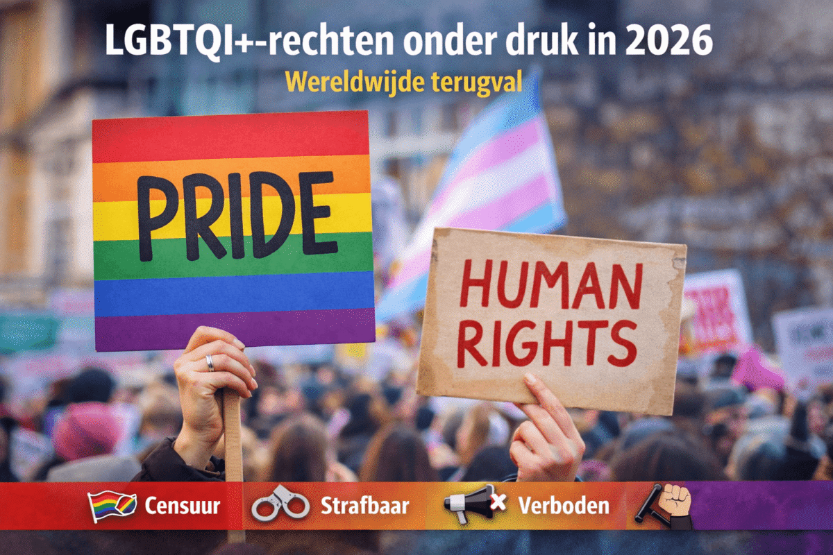 Protest voor mensenrechten waarbij activisten borden met ‘PRIDE’ en ‘HUMAN RIGHTS’ omhooghouden, als reactie op LGBTQI+-rechten onder druk in 2026