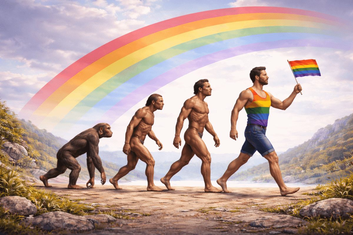 Darwindag: evolutie van aap naar mens naar queer persoon onder een regenboog