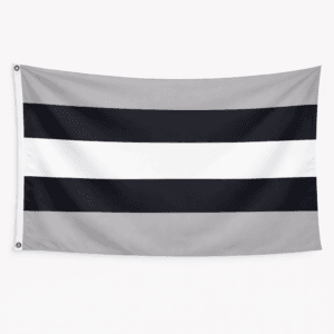 Allosexual Pride vlag met zwarte witte en grijze strepen en ophangringen