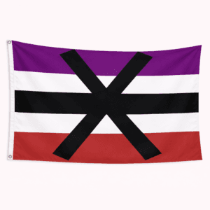 Apotheisexual Pride vlag met paarse witte zwarte en rode strepen en zwart kruis symbool en ophangringen