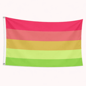 Aroflux Pride vlag met roze oranje gele en groene strepen en ophangringen