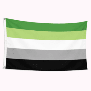Aromantic Pride vlag met groene witte grijze en zwarte strepen en ophangringen