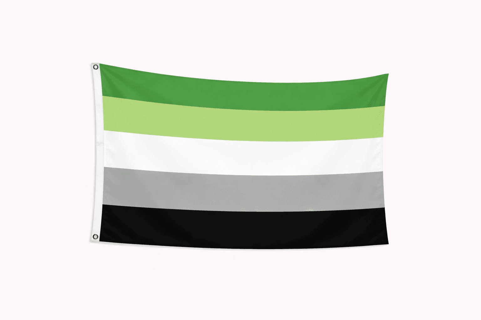 Aromantic Pride vlag met groene witte grijze en zwarte strepen en ophangringen