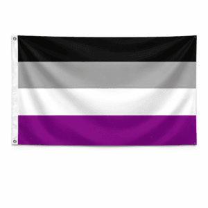 Aseksuele Pride vlag met zwarte, grijze, witte en paarse strepen en ophangringen