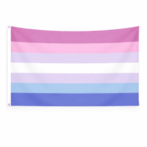 Bigender Pride vlag met zeven strepen in roze, lichtroze, paars, wit, paars, lichtblauw en blauw en ophangringen links
