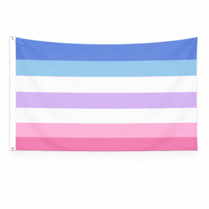 Bigender Alternate Pride vlag met zeven strepen in donkerblauw, lichtblauw, wit, paars, wit, lichtroze en roze en ophangringen links