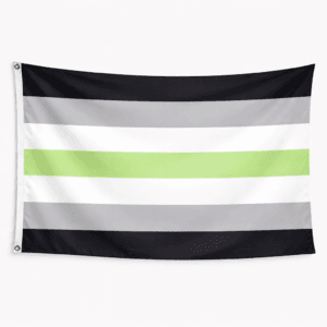 Agender Pride vlag met zwarte grijze witte en groene strepen en ophangringen