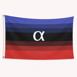 Ambiamorous Pride vlag met blauwe zwarte bruine en rode strepen en alfa symbool en ophangringen