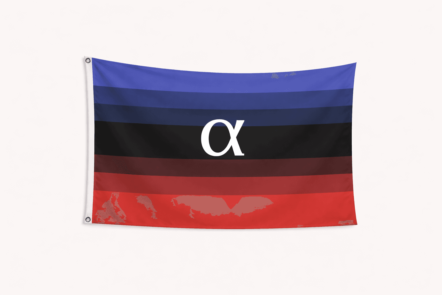 Ambiamorous Pride vlag met blauwe zwarte bruine en rode strepen en alfa symbool en ophangringen