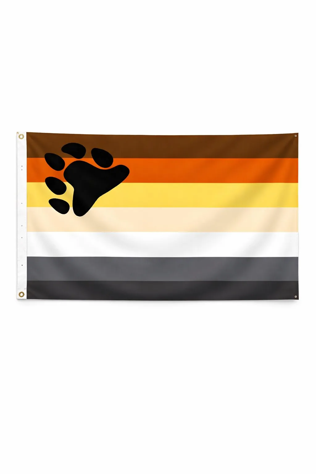 Bear Brotherhood Pride vlag met bruine, oranje, gele, beige, witte, grijze en zwarte strepen en zwarte pootafdruk en ophangringen