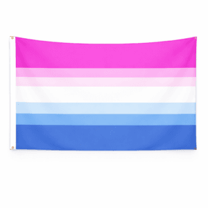 Bicurious Pride vlag met zeven strepen in roze, wit en blauwtinten en ophangringen