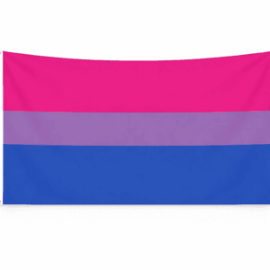 Bisexual Pride vlag met roze, paarse en blauwe banen en ophangringen links