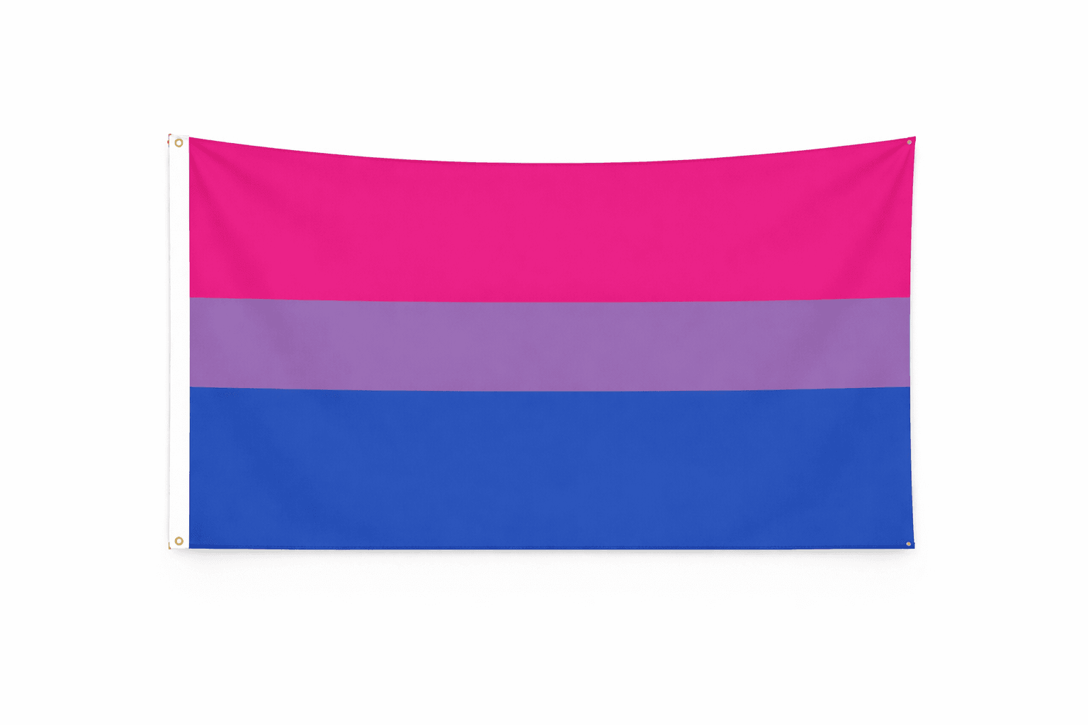 Bisexual Pride vlag met roze, paarse en blauwe banen en ophangringen links