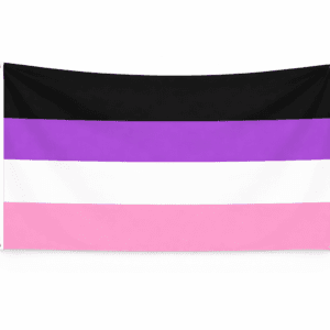 Cupiosexual Pride vlag met zwarte, paarse, witte en roze banen en ophangringen links