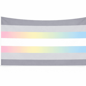 Demifluid Pride vlag met zeven gelijke strepen in grijs, wit en pastelverloop van roze naar blauw en ophangringen links