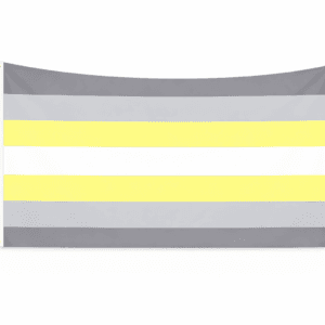 Deminonbinary Pride vlag met zeven gelijke strepen in grijs, geel en wit en ophangringen links