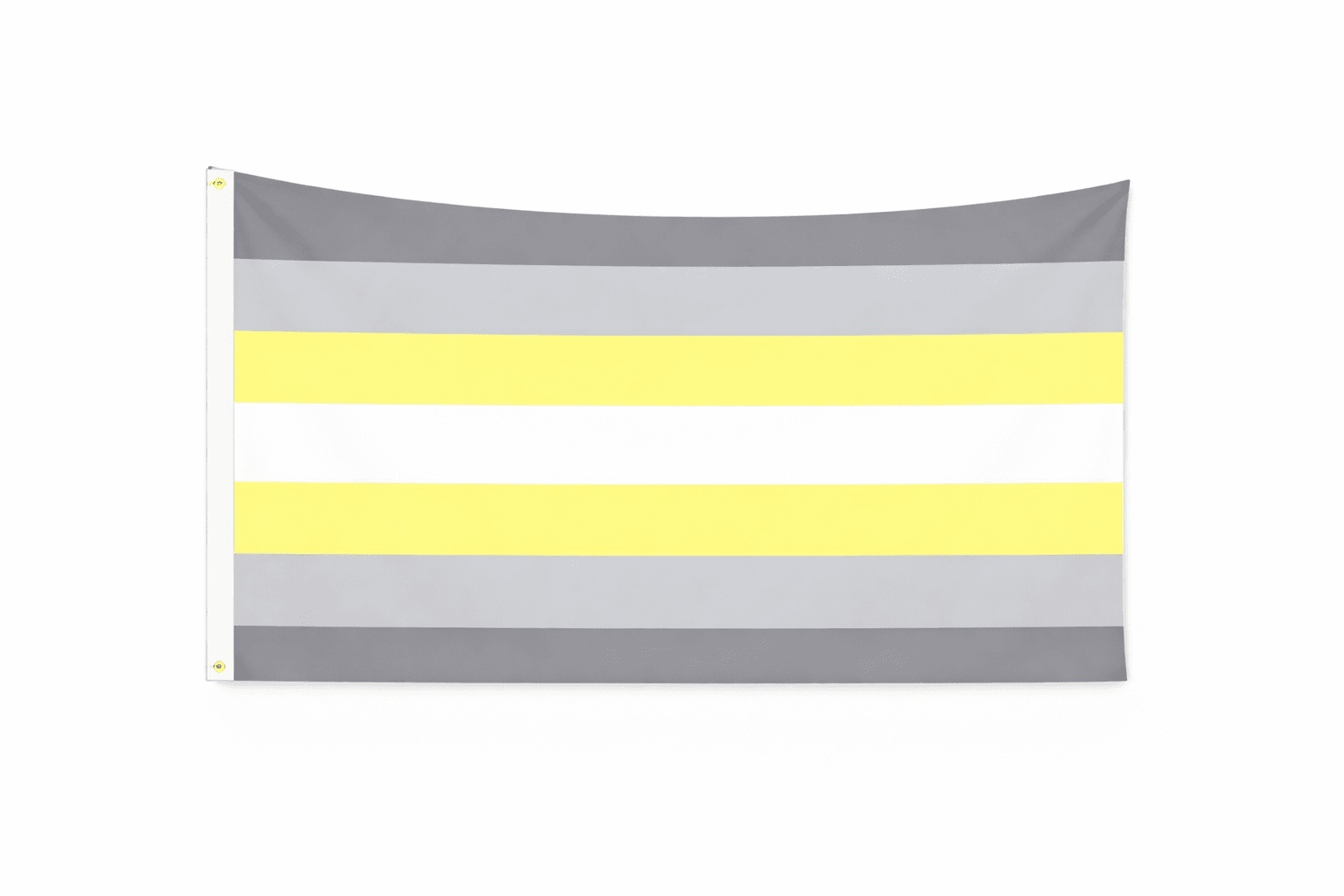 Deminonbinary Pride vlag met zeven gelijke strepen in grijs, geel en wit en ophangringen links