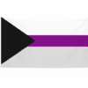 Demisexual Pride vlag met zwarte driehoek links en witte, paarse en lichtgrijze banen en ophangringen links