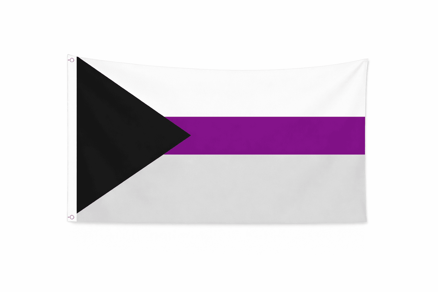 Demisexual Pride vlag met zwarte driehoek links en witte, paarse en lichtgrijze banen en ophangringen links