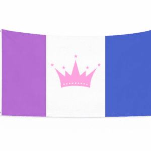 Drag Pride vlag met paarse, witte en blauwe verticale banen en roze kroon in het midden en ophangringen links