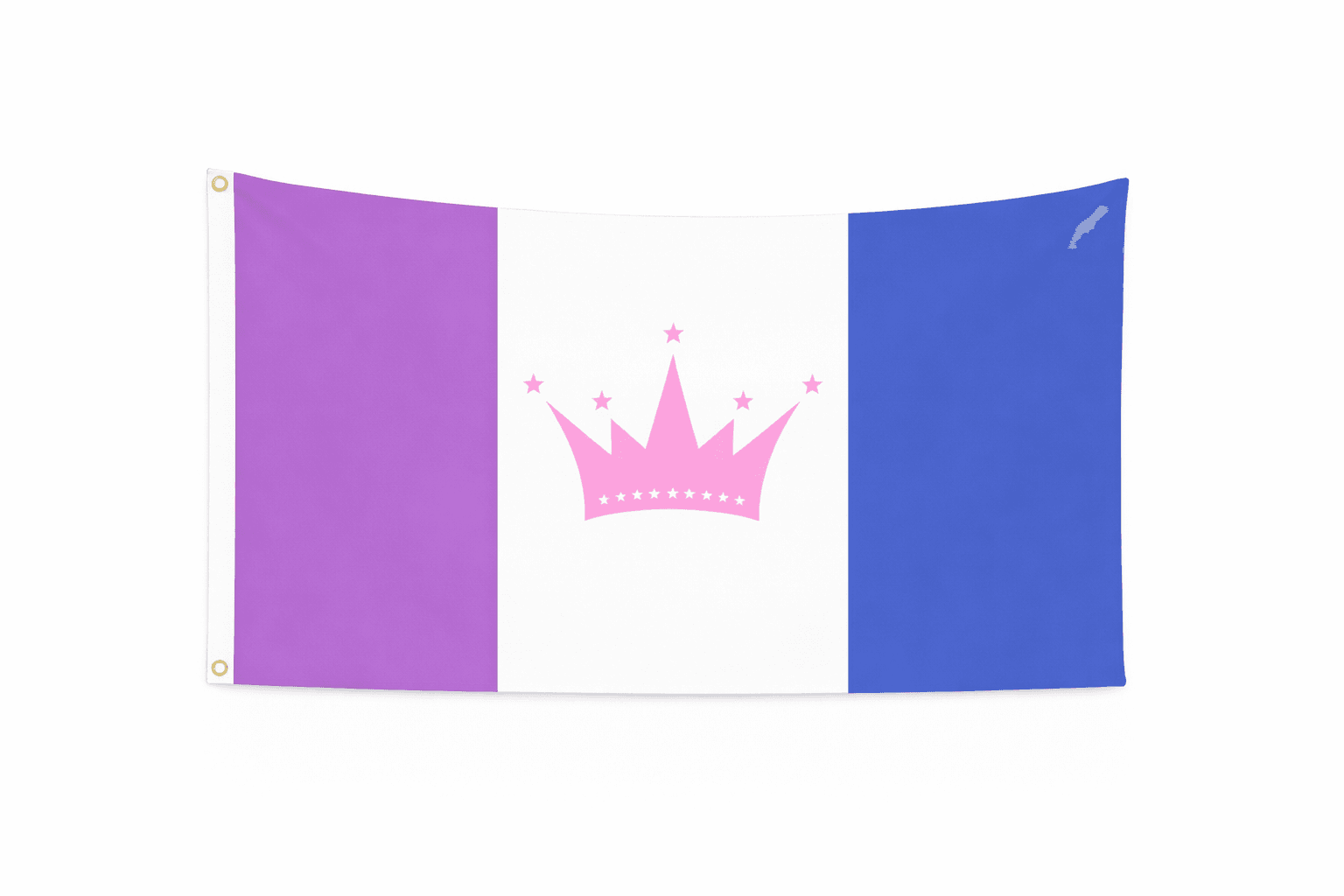 Drag Pride vlag met paarse, witte en blauwe verticale banen en roze kroon in het midden en ophangringen links