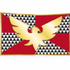 Feather Pride vlag met rode vlakken, zwart-wit driehoekpatroon en gouden vogel in het midden en ophangringen links