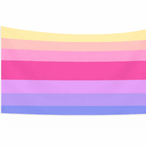 Fingender Pride vlag met zeven banen in geel, perzik, roze, felroze, paars en blauw met bredere middenbaan en ophangringen links