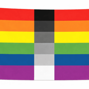 Homoflexible Pride vlag met horizontale regenboogbanen en een verticale grijsverloopbaan in het midden en ophangringen links