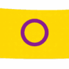 Intersex Pride vlag met gele achtergrond en een paarse cirkel in het midden en ophangringen links