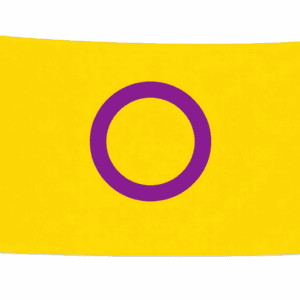 Intersex Pride vlag met gele achtergrond en een paarse cirkel in het midden en ophangringen links