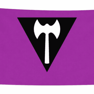 Labrys Lesbian Pride vlag met paarse achtergrond, zwarte omgekeerde driehoek en een witte dubbele bijl (labrys) in het midden en ophangringen links