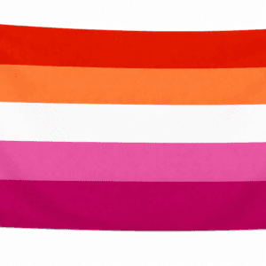 Lesbian Pride vlag met vijf horizontale banen in donkeroranje, lichtoranje, wit, roze en donkerroze en ophangringen links