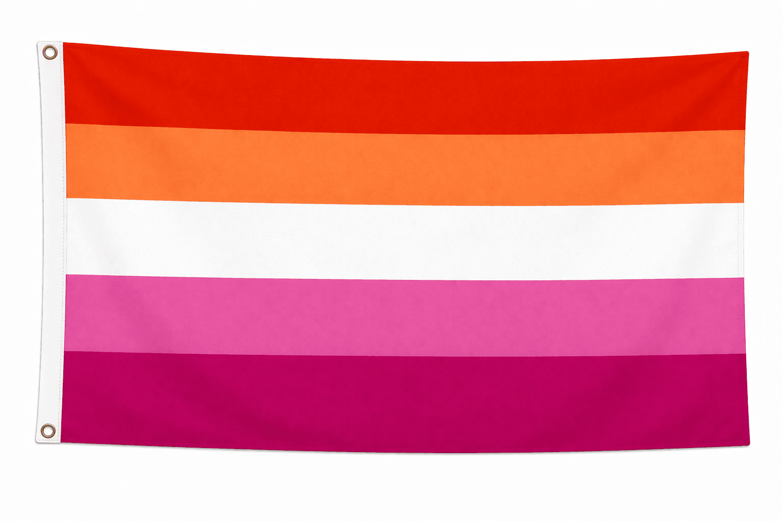 Lesbian Pride vlag met vijf horizontale banen in donkeroranje, lichtoranje, wit, roze en donkerroze en ophangringen links