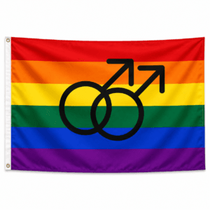 Gay Pride vlag 90×150 cm met zes regenboogbanen en dubbel Mars-symbool
