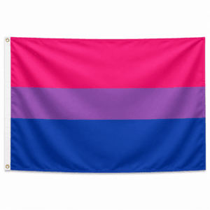 Bisexual Pride vlag met roze, paarse en blauwe banen en ophangringen links