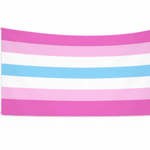 Femboy Pride vlag met zeven gelijke strepen in roze, lichtroze, wit, lichtblauw, wit, lichtroze en roze en ophangringen links