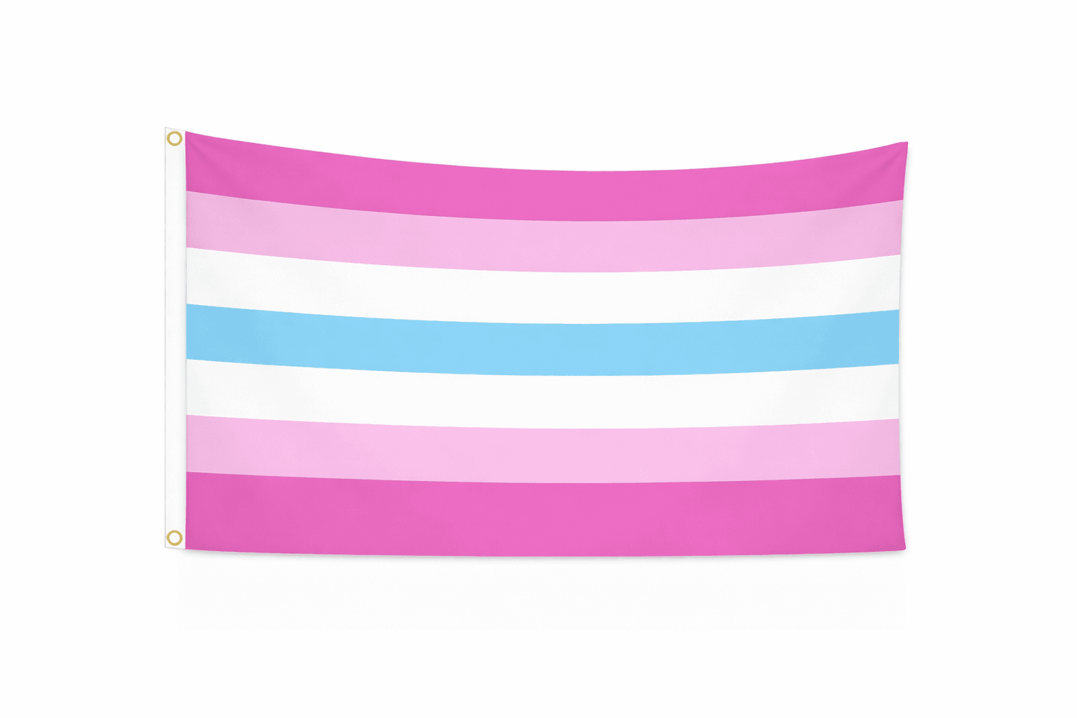Femboy Pride vlag met zeven gelijke strepen in roze, lichtroze, wit, lichtblauw, wit, lichtroze en roze en ophangringen links