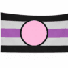 Fictosexual Pride vlag met zwarte, grijze en paarse banen en roze cirkel in het midden en ophangringen links