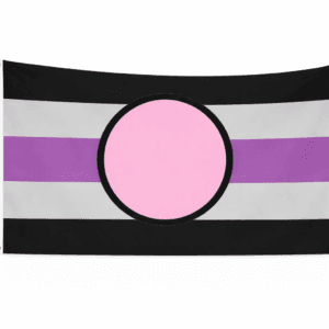 Fictosexual Pride vlag met zwarte, grijze en paarse banen en roze cirkel in het midden en ophangringen links