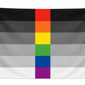 Heteroflexible Pride vlag met zwarte en grijze horizontale banen en een centrale verticale regenboogbaan in rood, oranje, geel, groen, blauw en paars en ophangringen links