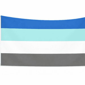 Fraysexual Pride vlag met blauwe, lichtblauwe, witte en grijze banen en ophangringen links