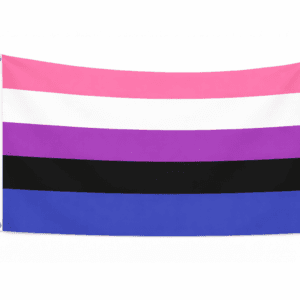 Genderfluid Pride vlag met roze, witte, paarse, zwarte en blauwe banen en ophangringen links