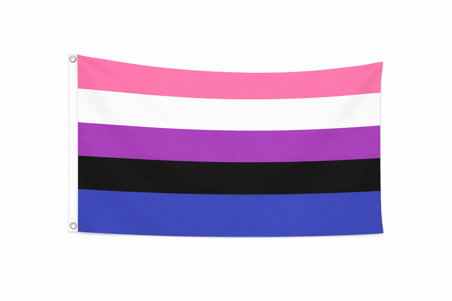 Genderfluid Pride vlag met roze, witte, paarse, zwarte en blauwe banen en ophangringen links
