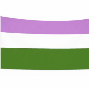 Genderqueer Pride vlag met paarse, witte en groene banen en ophangringen links