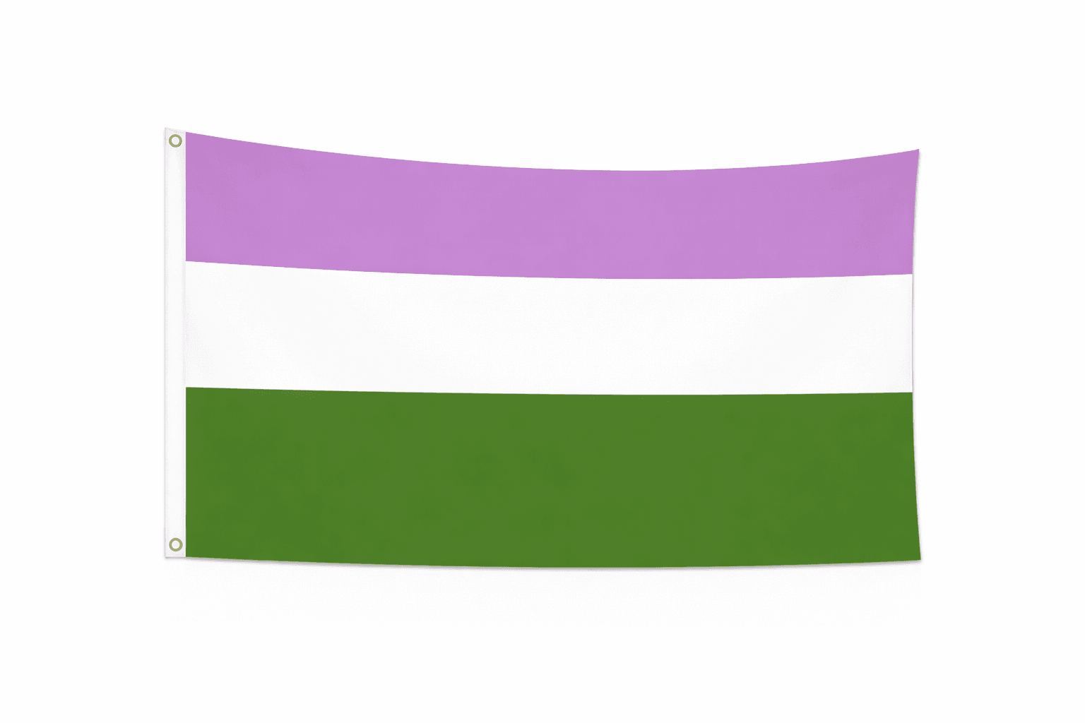 Genderqueer Pride vlag met paarse, witte en groene banen en ophangringen links