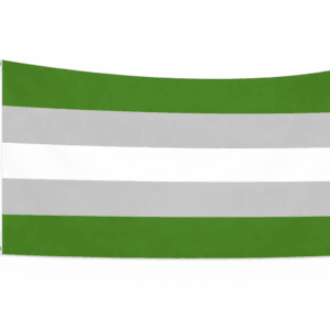 Grayromantic Pride vlag met groene, grijze en witte banen en ophangringen links